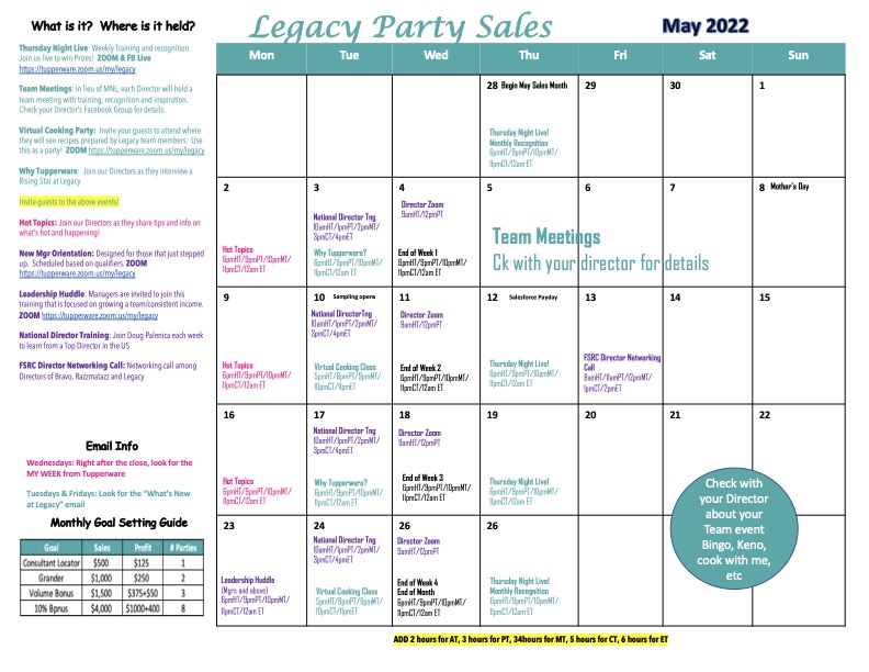 May Calendar of events Legacy Party Sales
