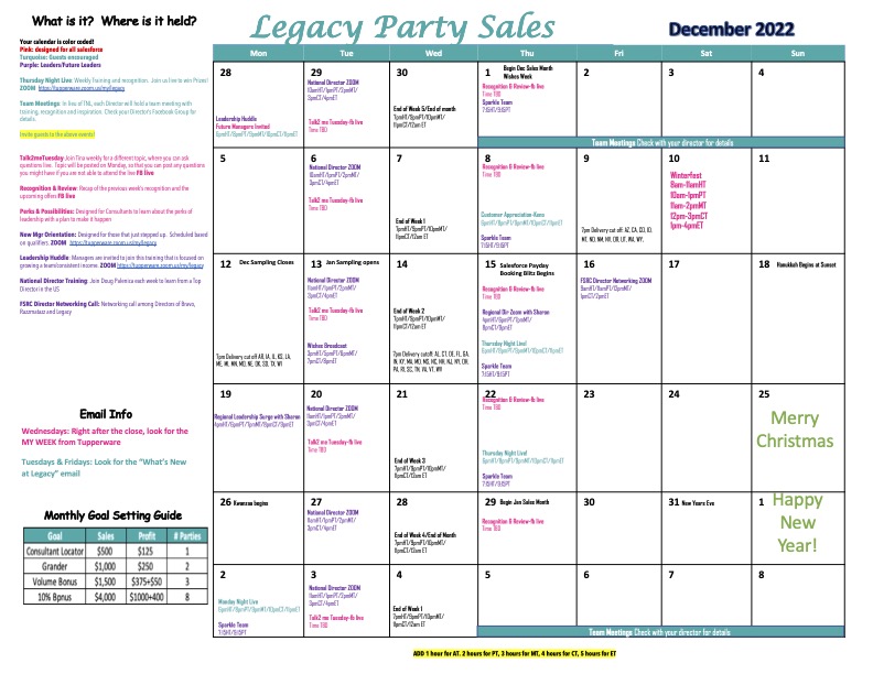 Upcoming events & revised December calendar | Legacy Party Sales