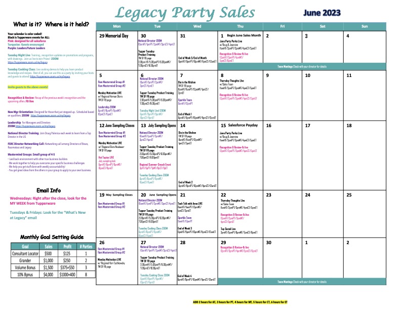 June Calendar Legacy Party Sales